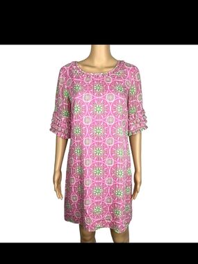 Pink Floral Geometric Ruffle Sleeve Shift Dress Lilly Pulitzer Sz 8 EUC